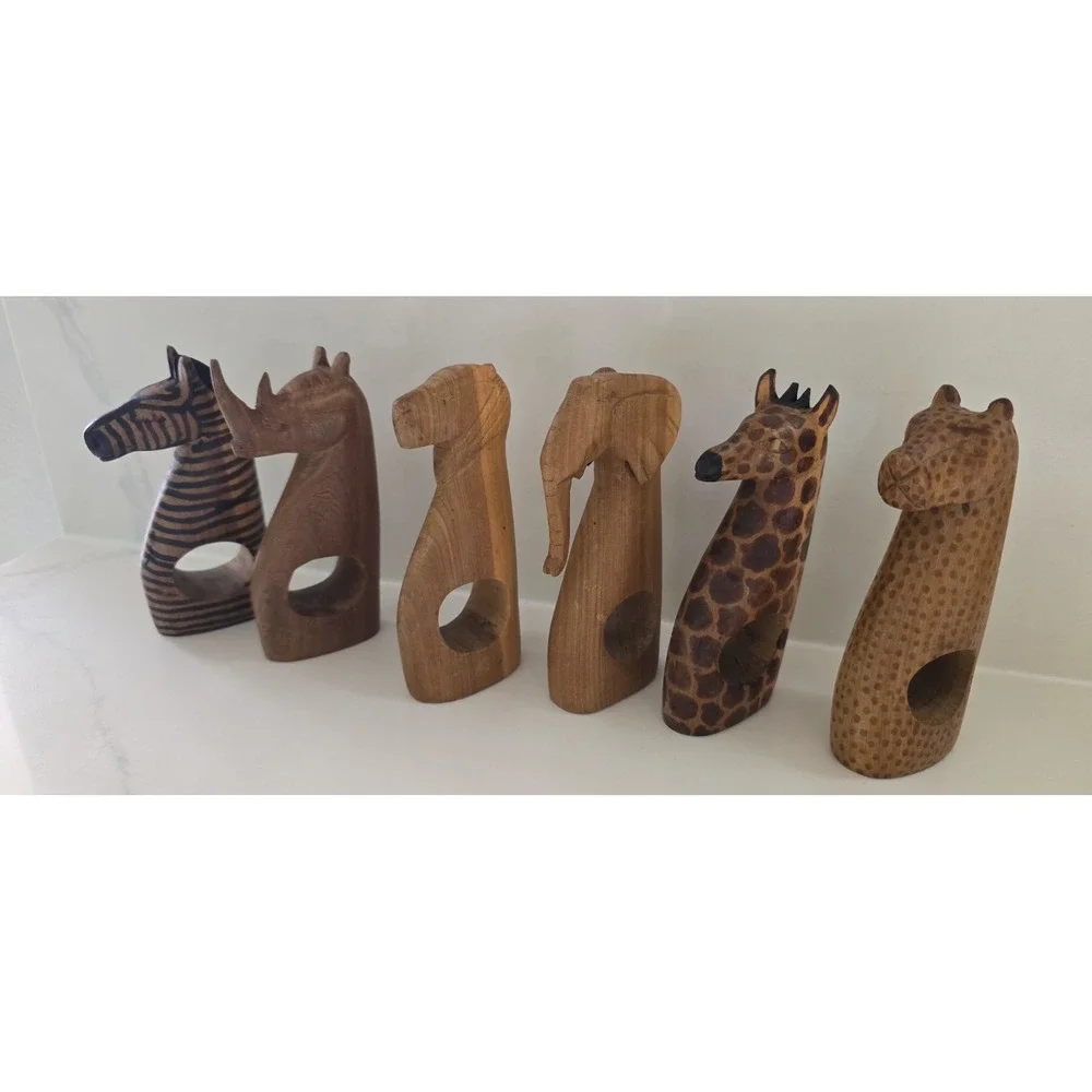 Vintage African Animals Besmo Kenya Hand Carved Wooden Napkin Rings Set Of‎ Six